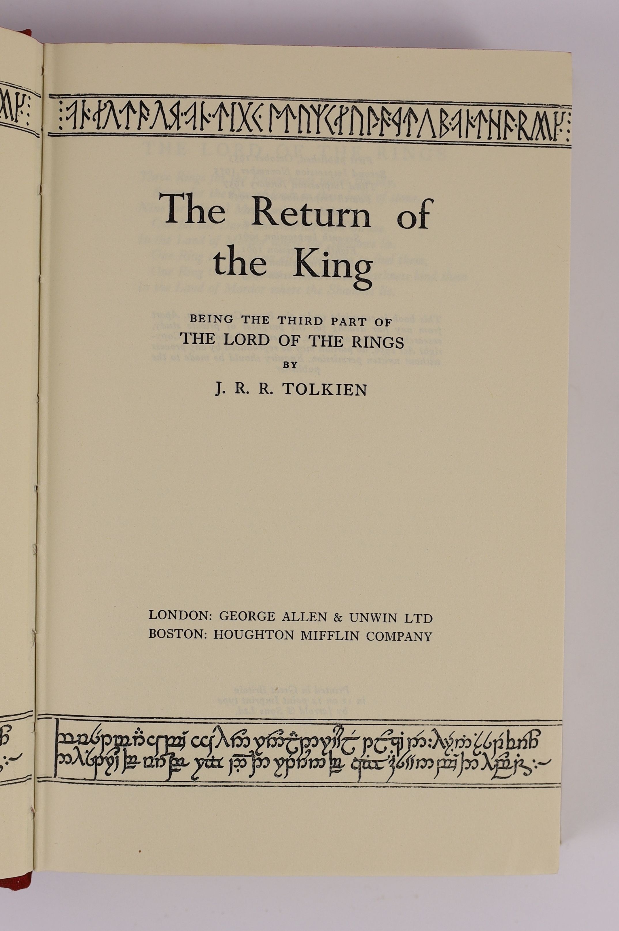 Tolkien, J.R.R - The Lord of the Rings, 3 vols, 8vo, all with d/j’s, 13th impression of Fellowship, 10th impressions of Towers and Return, London, George Allen and Unwin, London, 1963